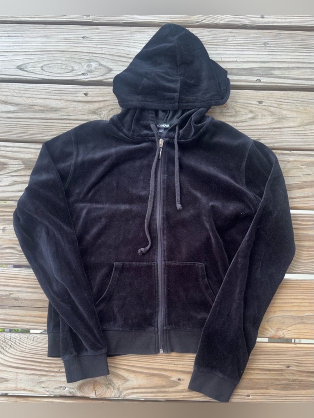 Fashion Nova Black Velour Zip Up Hoodie Size L Y2K Cozy Lounge Jacket
